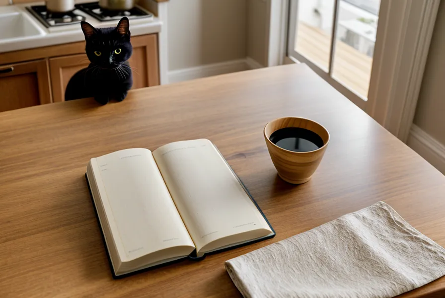 Ein schwarzer Kater sitzt neben einem Notizbuch und einem Stapel Büchern.