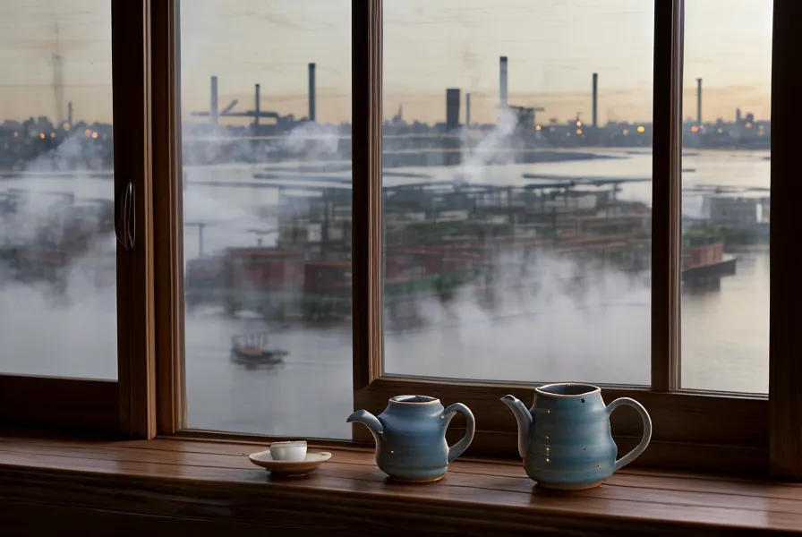 Blick aus dem Fenster auf die Elbe bei Dämmerung mit einer Tasse Tee - ruhiger Moment nach einem Tag mit viel Alltagsbewegung und Haltungsarbeit