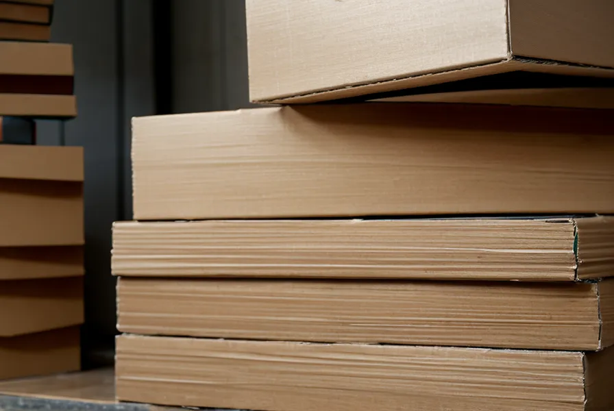 Stapel von schweren Bücherkartons in einem Lagerraum einer Buchhandlung.