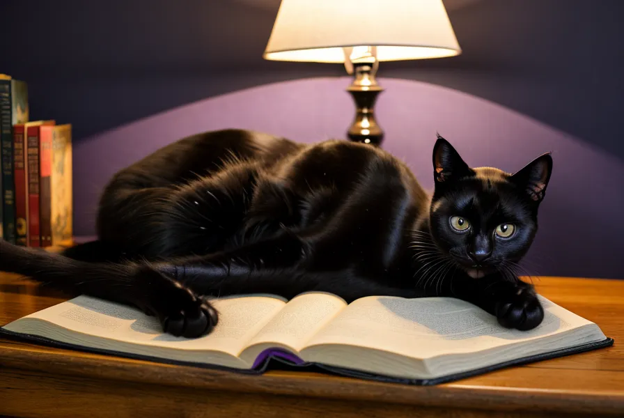 Schwarzer Kater liegt entspannt auf einer Yoga-Matte neben einem Stapel Bücher.