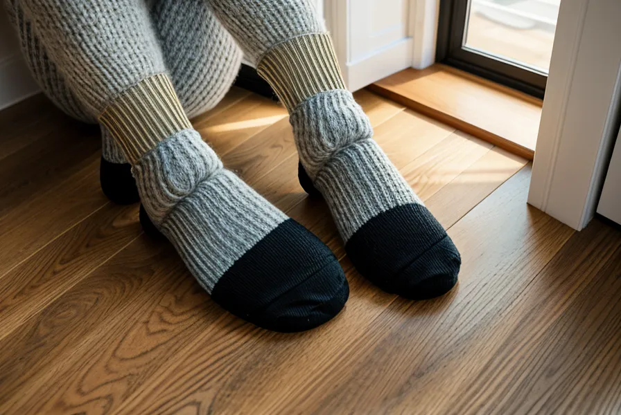 Füße in Wollsocken auf Holzboden neben einer schwarzen Katze zur Erdung beim Sitzen.