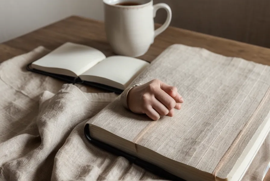 Leinen-Notizheft mit handschriftlichen Notizen und einer Tasse Tee auf einem Holztisch – Sonntagabend-Ritual als Teil der Abendroutine für Entspannung