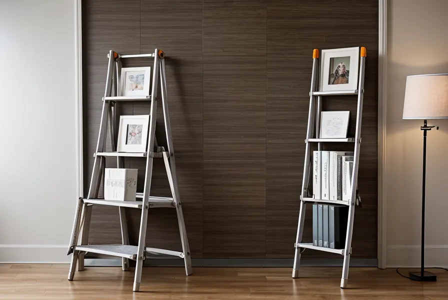 Eine kleine Trittleiter neben einem Stapel neuer Bücher in einer Buchhandlung.