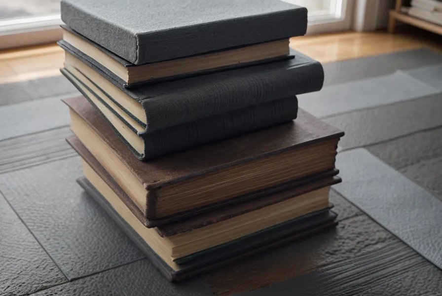 Barfüßige Buchhändlerin auf einer Matte neben einem Stapel Büchern.