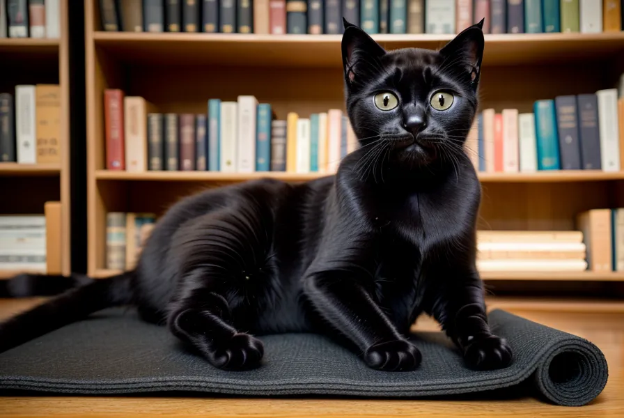 Schwarzer Kater auf zusammengerollter Yogamatte, Symbolbild für den Alltag mit Rückenschmerzen